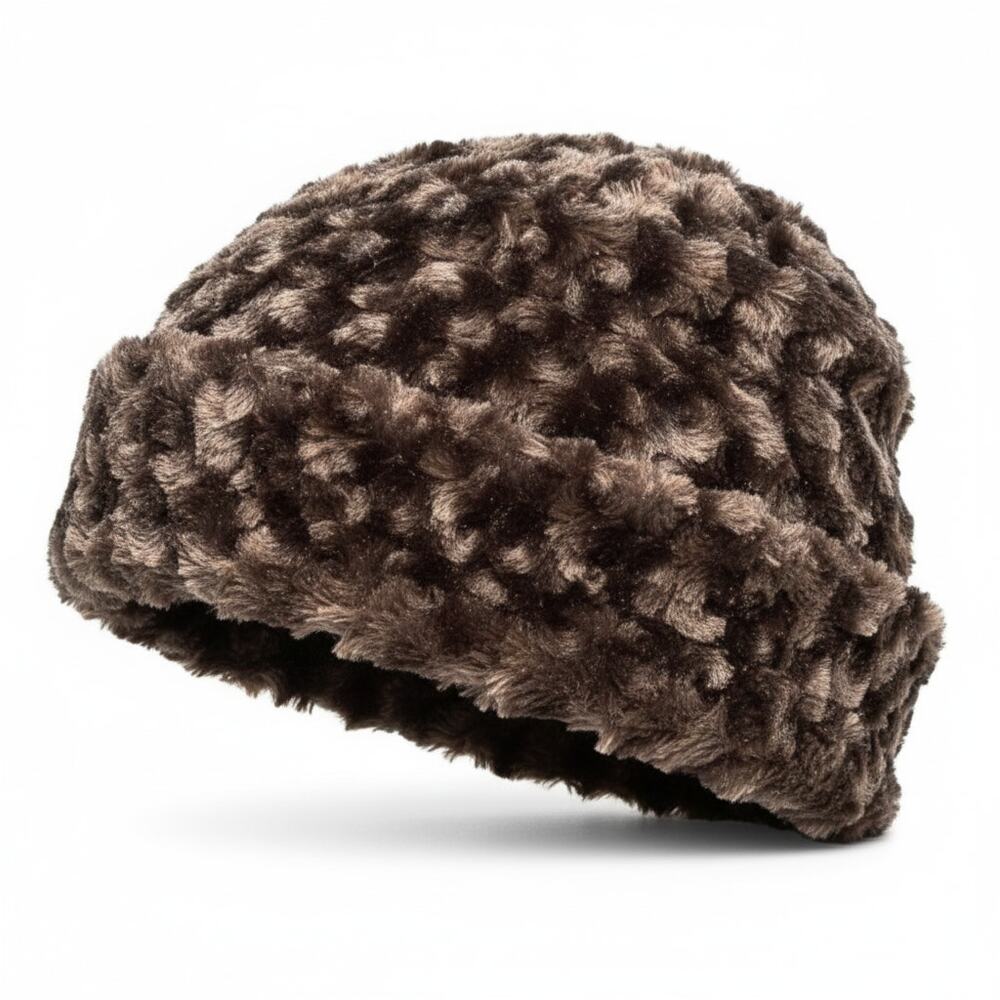 Faux Fur Winter Hat Cap Velvety Minky Plush Brown Beanie Luxury Beanie Vintage